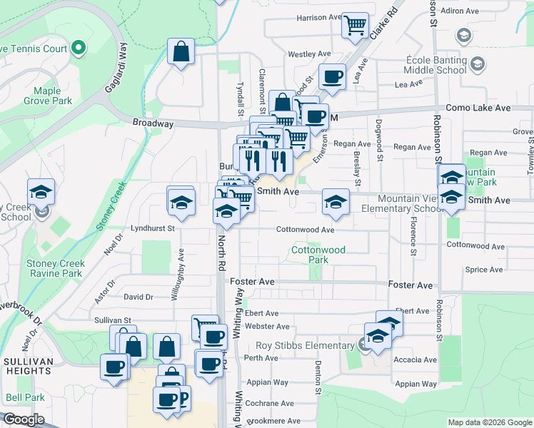 map of restaurants, bars, coffee shops, grocery stores, and more near 537 Cottonwood Avenue in Coquitlam