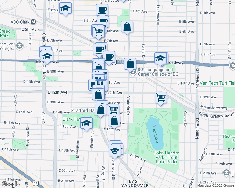 map of restaurants, bars, coffee shops, grocery stores, and more near 1818 East 12th Avenue in Vancouver