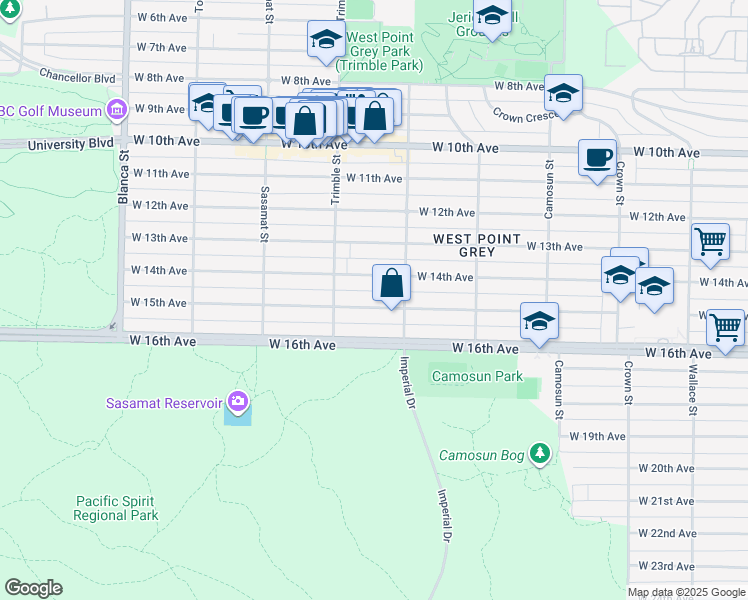 map of restaurants, bars, coffee shops, grocery stores, and more near 4343 West 15th Avenue in Vancouver