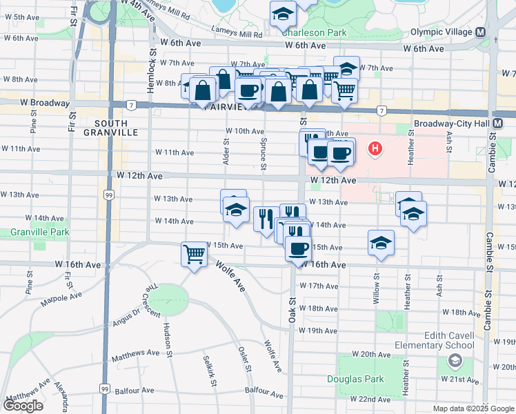 map of restaurants, bars, coffee shops, grocery stores, and more near 2935 Spruce Street in Vancouver