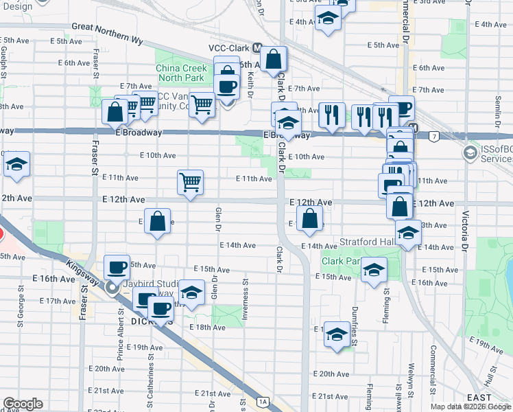 map of restaurants, bars, coffee shops, grocery stores, and more near 1222 East 12th Avenue in Vancouver