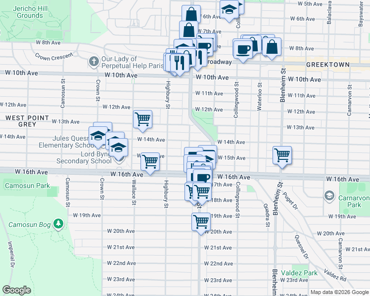 map of restaurants, bars, coffee shops, grocery stores, and more near 3043 Alma Street in Vancouver