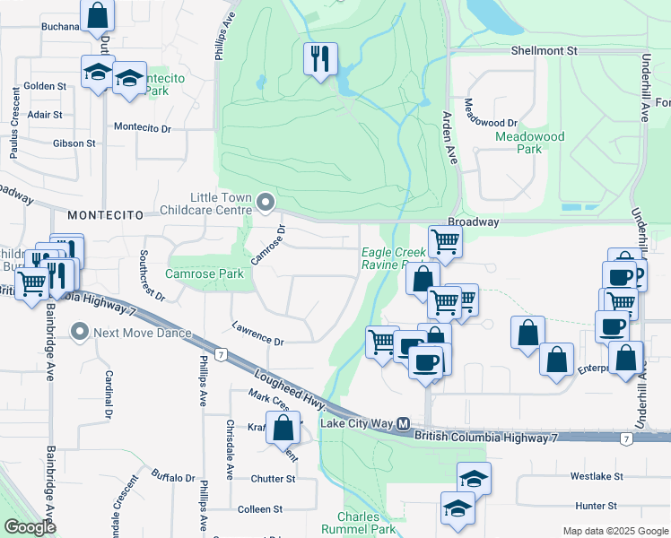 map of restaurants, bars, coffee shops, grocery stores, and more near 7615 Kilrea Crescent in Burnaby
