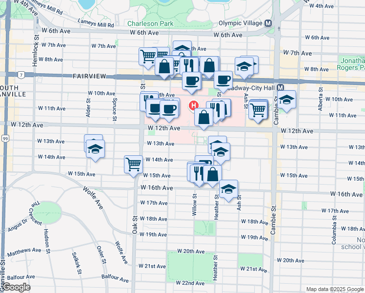 map of restaurants, bars, coffee shops, grocery stores, and more near 846 West 13th Avenue in Vancouver