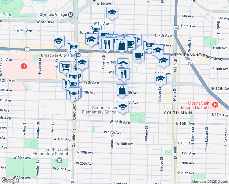 map of restaurants, bars, coffee shops, grocery stores, and more near 196 West 13th Avenue in Vancouver