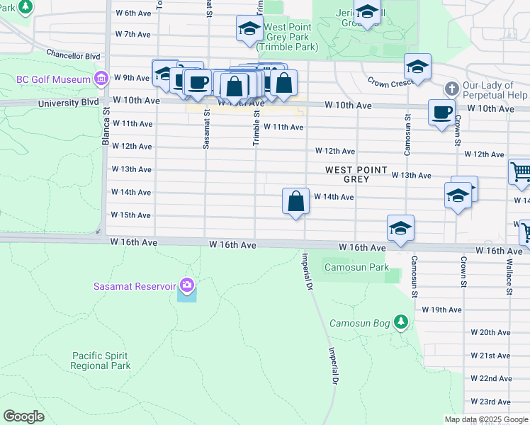 map of restaurants, bars, coffee shops, grocery stores, and more near 4383 West 15th Avenue in Vancouver