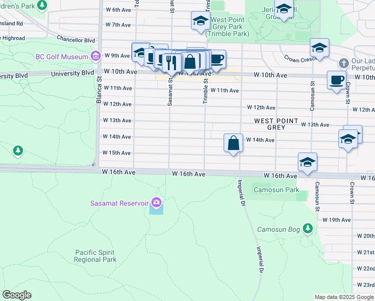 map of restaurants, bars, coffee shops, grocery stores, and more near 4447 West 15th Avenue in Vancouver