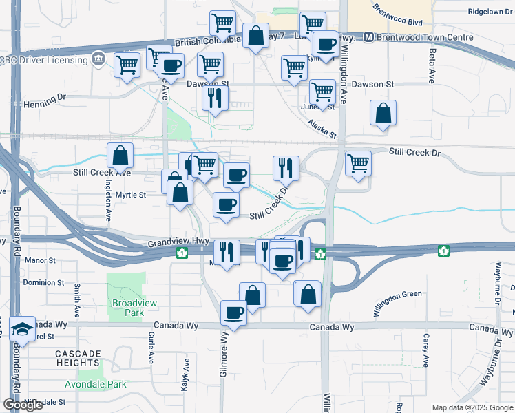 map of restaurants, bars, coffee shops, grocery stores, and more near in Burnaby