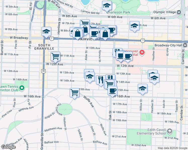 map of restaurants, bars, coffee shops, grocery stores, and more near 1130 West 13th Avenue in Vancouver