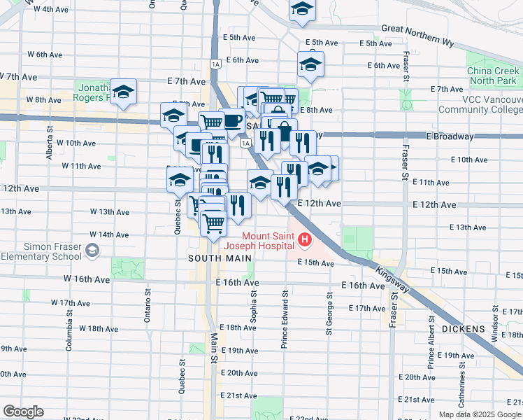 map of restaurants, bars, coffee shops, grocery stores, and more near 355 Kingsway in Vancouver