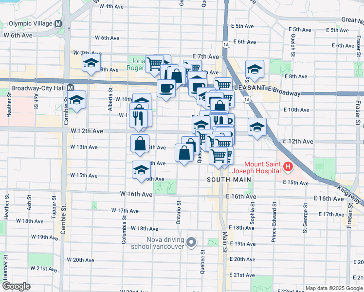 map of restaurants, bars, coffee shops, grocery stores, and more near in Vancouver