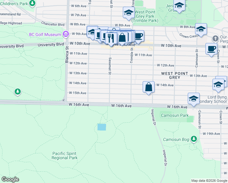 map of restaurants, bars, coffee shops, grocery stores, and more near 4481 West 15th Avenue in Vancouver