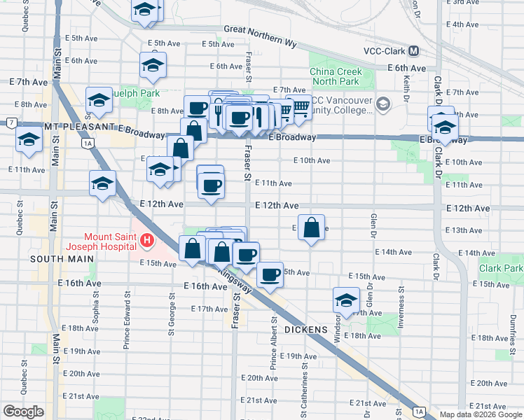 map of restaurants, bars, coffee shops, grocery stores, and more near 746 East 12th Avenue in Vancouver