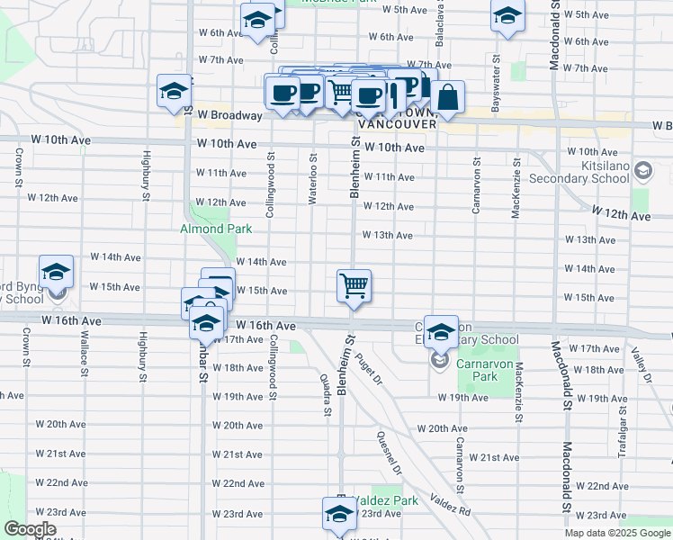 map of restaurants, bars, coffee shops, grocery stores, and more near 3336 West 14th Avenue in Vancouver
