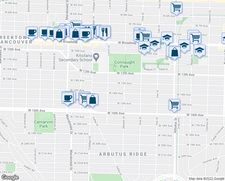 map of restaurants, bars, coffee shops, grocery stores, and more near 2475 West 14th Avenue in Vancouver