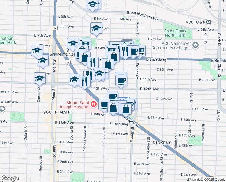 map of restaurants, bars, coffee shops, grocery stores, and more near 516 East 12th Avenue in Vancouver