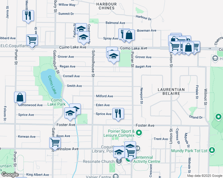 map of restaurants, bars, coffee shops, grocery stores, and more near 1590 Smith Avenue in Coquitlam