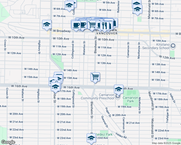 map of restaurants, bars, coffee shops, grocery stores, and more near 3338 West 14th Avenue in Vancouver
