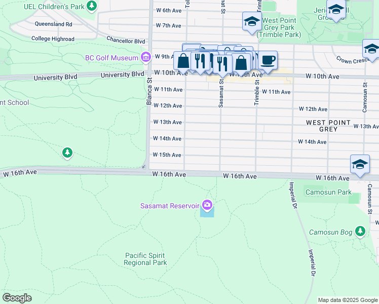 map of restaurants, bars, coffee shops, grocery stores, and more near 4591 West 15th Avenue in Vancouver