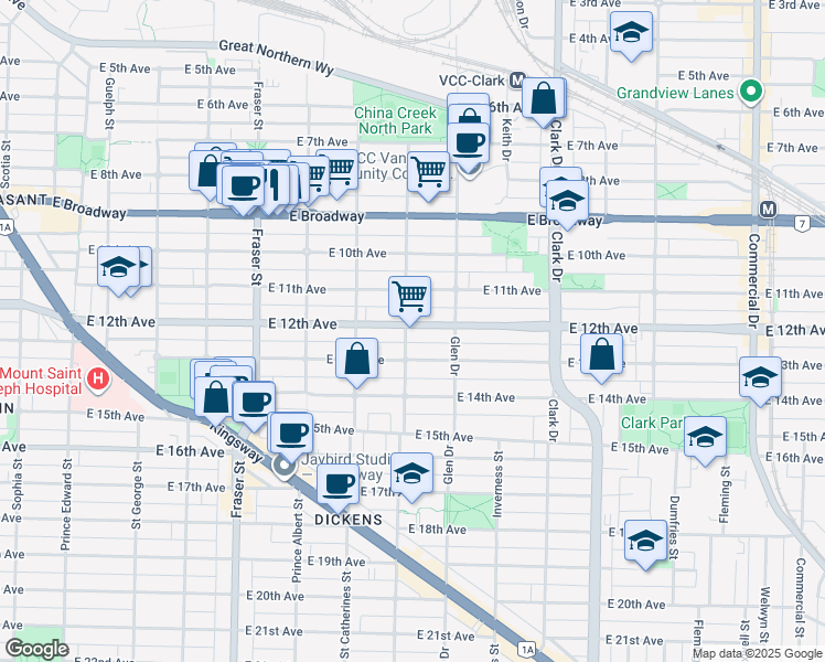 map of restaurants, bars, coffee shops, grocery stores, and more near in Vancouver