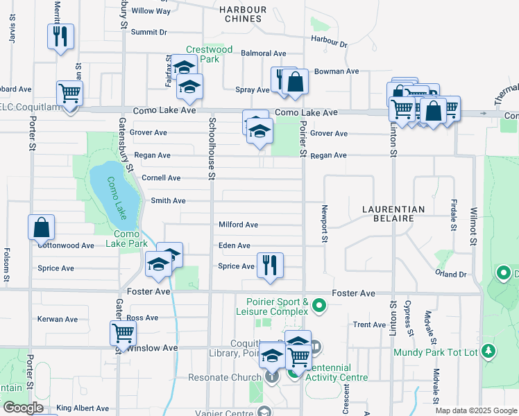 map of restaurants, bars, coffee shops, grocery stores, and more near 1610 Smith Avenue in Coquitlam