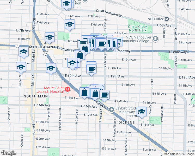 map of restaurants, bars, coffee shops, grocery stores, and more near 628 East 12th Avenue in Vancouver