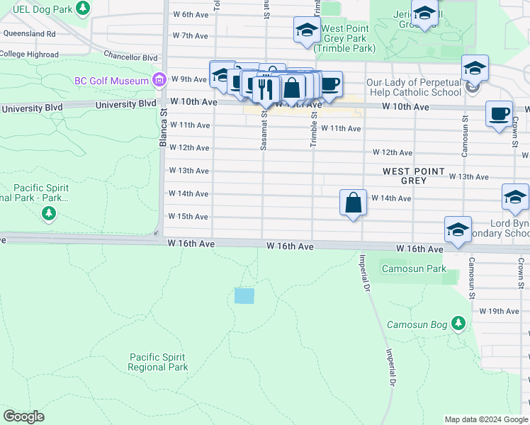 map of restaurants, bars, coffee shops, grocery stores, and more near 4497 West 15th Avenue in Vancouver