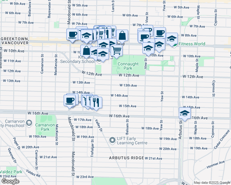 map of restaurants, bars, coffee shops, grocery stores, and more near 2475 West 14th Avenue in Vancouver