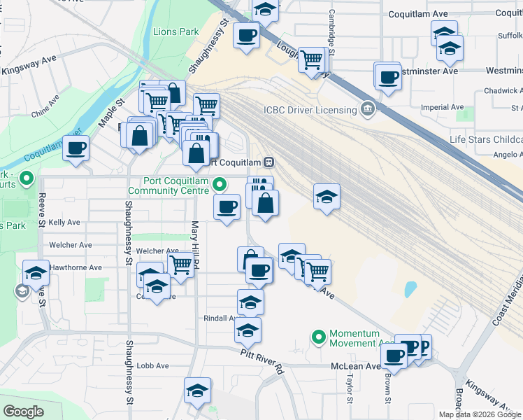 map of restaurants, bars, coffee shops, grocery stores, and more near 2071 Kingsway Avenue in Port Coquitlam