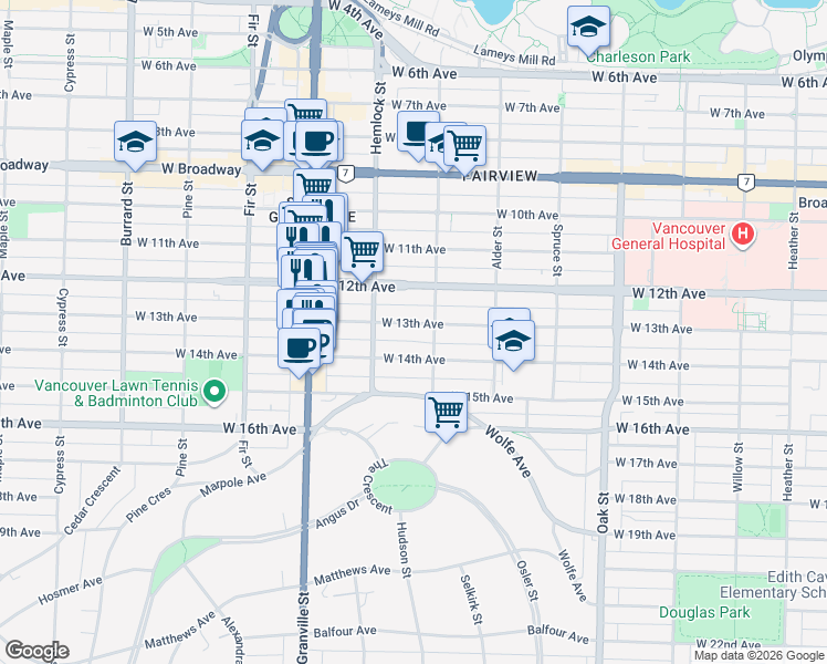 map of restaurants, bars, coffee shops, grocery stores, and more near 1326 West 13th Avenue in Vancouver