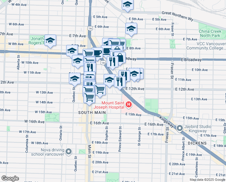 map of restaurants, bars, coffee shops, grocery stores, and more near 333 East 13th Avenue in Vancouver