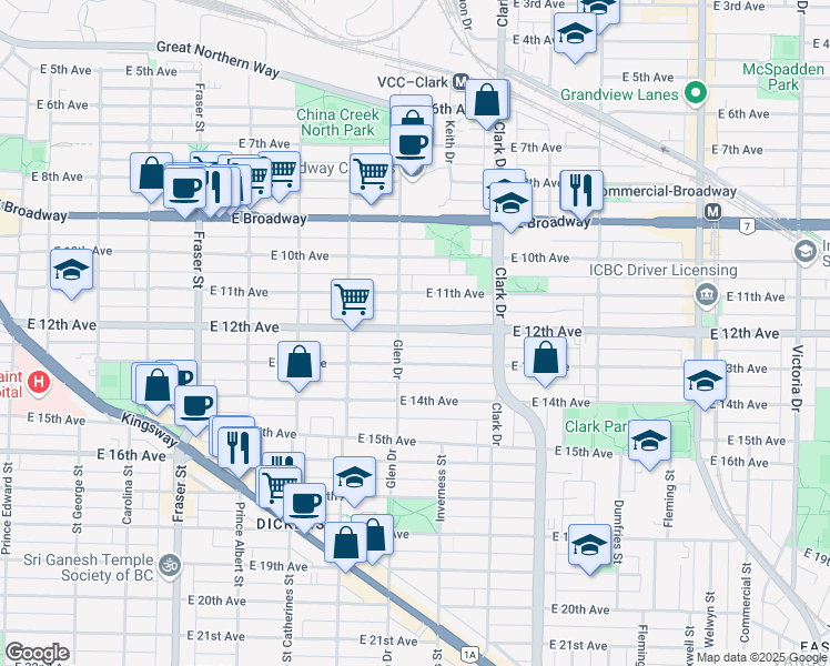 map of restaurants, bars, coffee shops, grocery stores, and more near 1124 East 12th Avenue in Vancouver