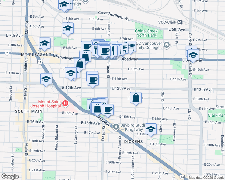 map of restaurants, bars, coffee shops, grocery stores, and more near 718 East 12th Avenue in Vancouver