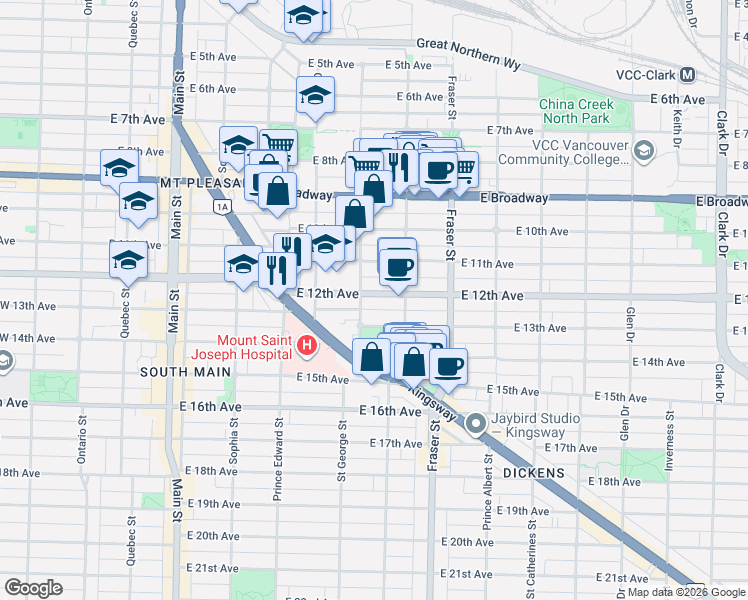 map of restaurants, bars, coffee shops, grocery stores, and more near 524 East 12th Avenue in Vancouver