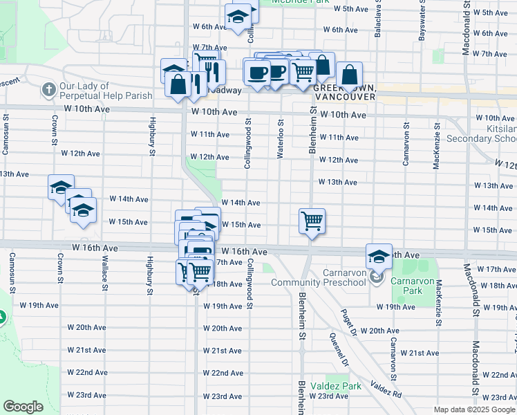 map of restaurants, bars, coffee shops, grocery stores, and more near 3460 West 14th Avenue in Vancouver