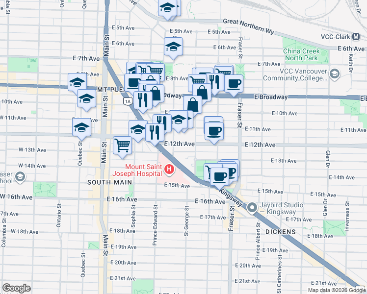 map of restaurants, bars, coffee shops, grocery stores, and more near 452 East 12th Avenue in Vancouver