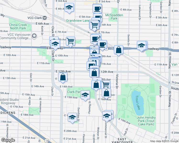 map of restaurants, bars, coffee shops, grocery stores, and more near 1636 E 12th Ave in Vancouver