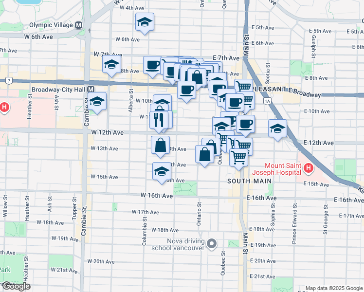 map of restaurants, bars, coffee shops, grocery stores, and more near 63 West 13th Avenue in Vancouver