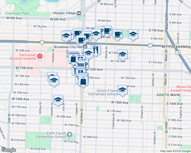 map of restaurants, bars, coffee shops, grocery stores, and more near 2898 Yukon Street in Vancouver