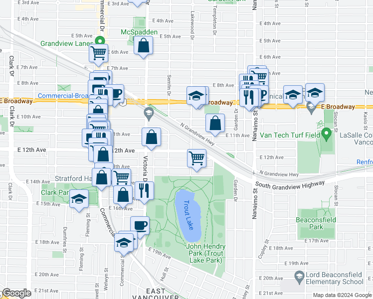 map of restaurants, bars, coffee shops, grocery stores, and more near 2575 Lakewood Drive in Vancouver