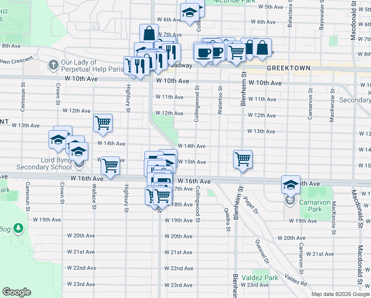 map of restaurants, bars, coffee shops, grocery stores, and more near 3536 West 14th Avenue in Vancouver