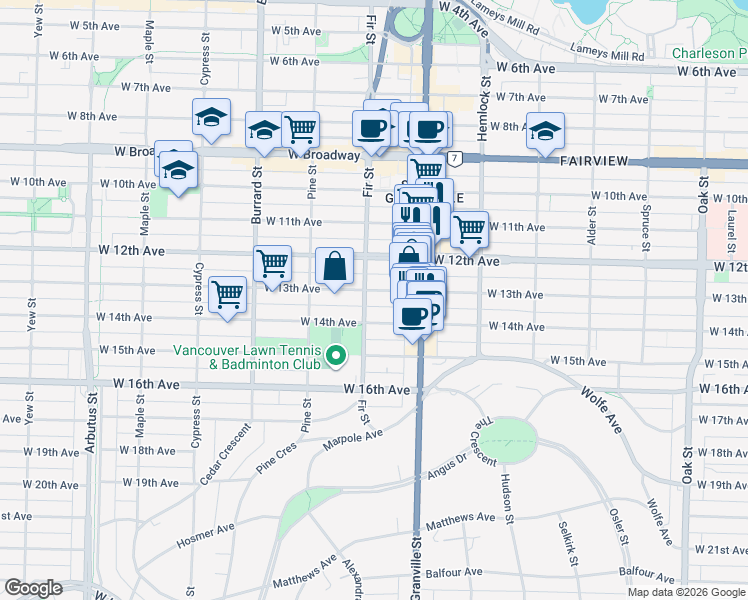 map of restaurants, bars, coffee shops, grocery stores, and more near 1566 West 13th Avenue in Vancouver