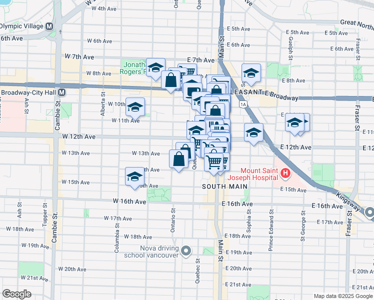 map of restaurants, bars, coffee shops, grocery stores, and more near in Vancouver