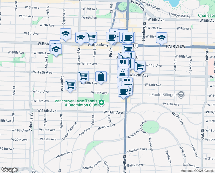 map of restaurants, bars, coffee shops, grocery stores, and more near in Vancouver