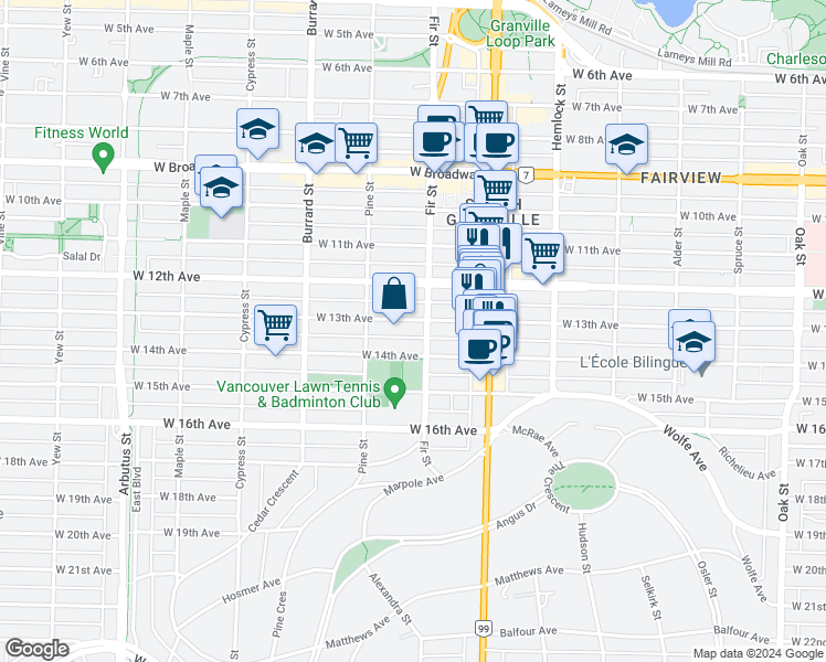 map of restaurants, bars, coffee shops, grocery stores, and more near 1616 West 13th Avenue in Vancouver