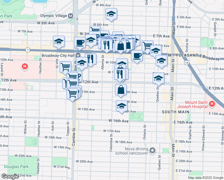 map of restaurants, bars, coffee shops, grocery stores, and more near 201 West 13th Avenue in Vancouver