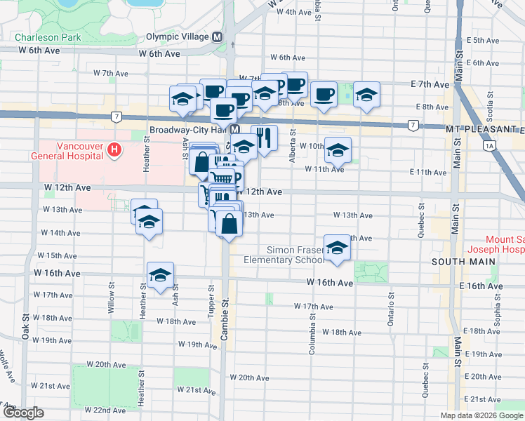 map of restaurants, bars, coffee shops, grocery stores, and more near 2898 Yukon Street in Vancouver