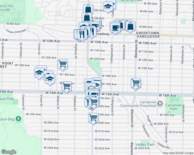 map of restaurants, bars, coffee shops, grocery stores, and more near 3606 West 14th Avenue in Vancouver