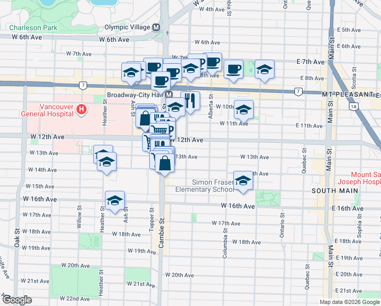 map of restaurants, bars, coffee shops, grocery stores, and more near 2896 Yukon Street in Vancouver