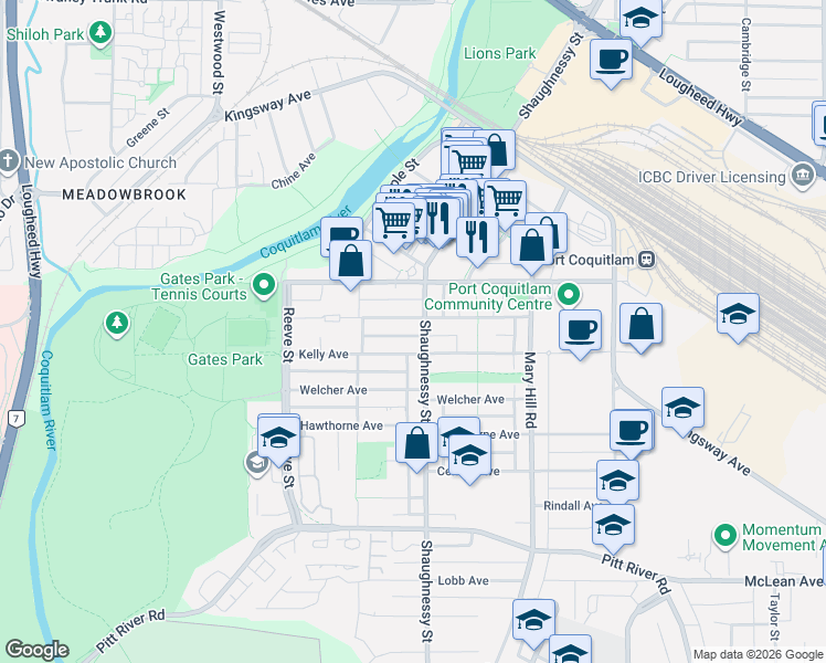 map of restaurants, bars, coffee shops, grocery stores, and more near 2441 Shaughnessy Street in Port Coquitlam